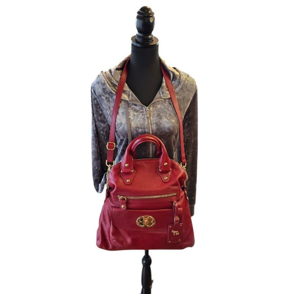 Emma Fox foldover HobVibrant Red Satchel Structured Shape and Gold Hardware New